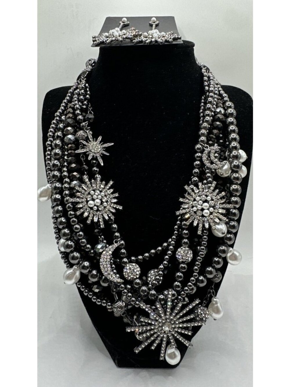 Celestial moons stars Crystal flux Pearl 8 strand Necklaces 18”4”ext earrings